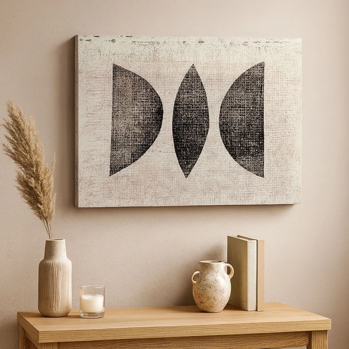 Tablou pe pânză Canvas - Forme etnice în tonuri întunecate pe un fundal deschis - 70x50cm - Abstracție etnică - Decorațiune modernă pentru perete pentru living și dormitor ARTTOR