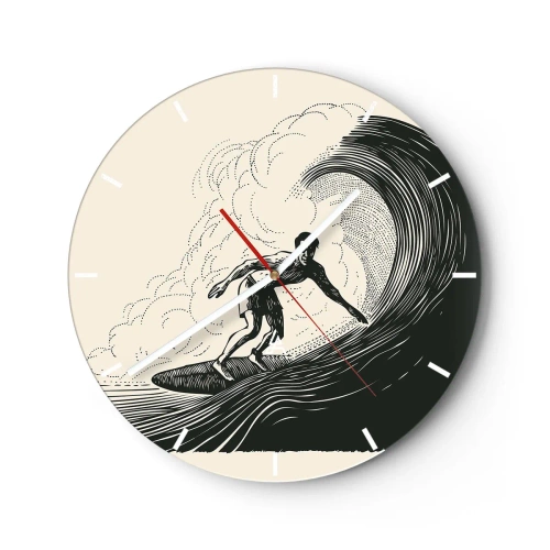 Ceas de perete - Ceas pe sticlă - Surfer pe un val retro - 30x30cm - Regele valului - Decorațiune modernă pentru perete pentru living, bucătărie și dormitor ARTTOR