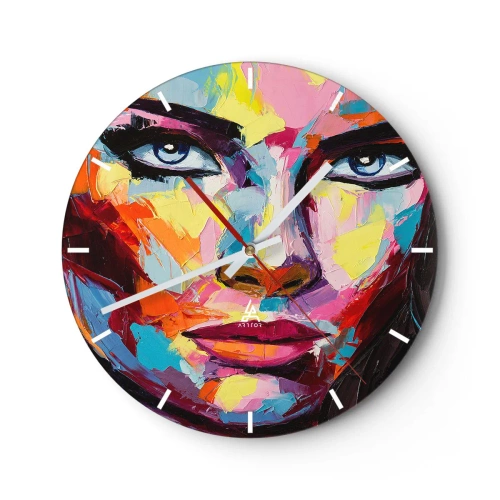 Ceas de perete - Ceas pe sticlă - Portret abstract al unei femei în culori vii - 30x30cm - Un suflet plin de culoare - Decorațiune modernă pentru perete pentru living, bucătărie și dormitor ARTTOR
