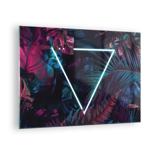 Tablou pe sticlă - Un triunghi neon înconjurat de plante tropicale în nuanțe de roz și albastru. - 70x50cm - Grădină în stil disco - Decorațiune modernă pentru perete pentru living și dormitor ARTTOR