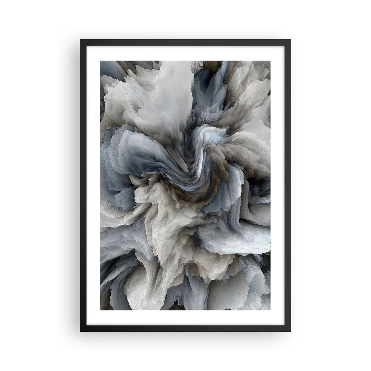 Poster în ramă neagră - O explozie abstractă de culori în nuanțe de gri și albastru. - 50x70cm - Piatră și floare - Decorațiune modernă pentru perete pentru living și dormitor ARTTOR