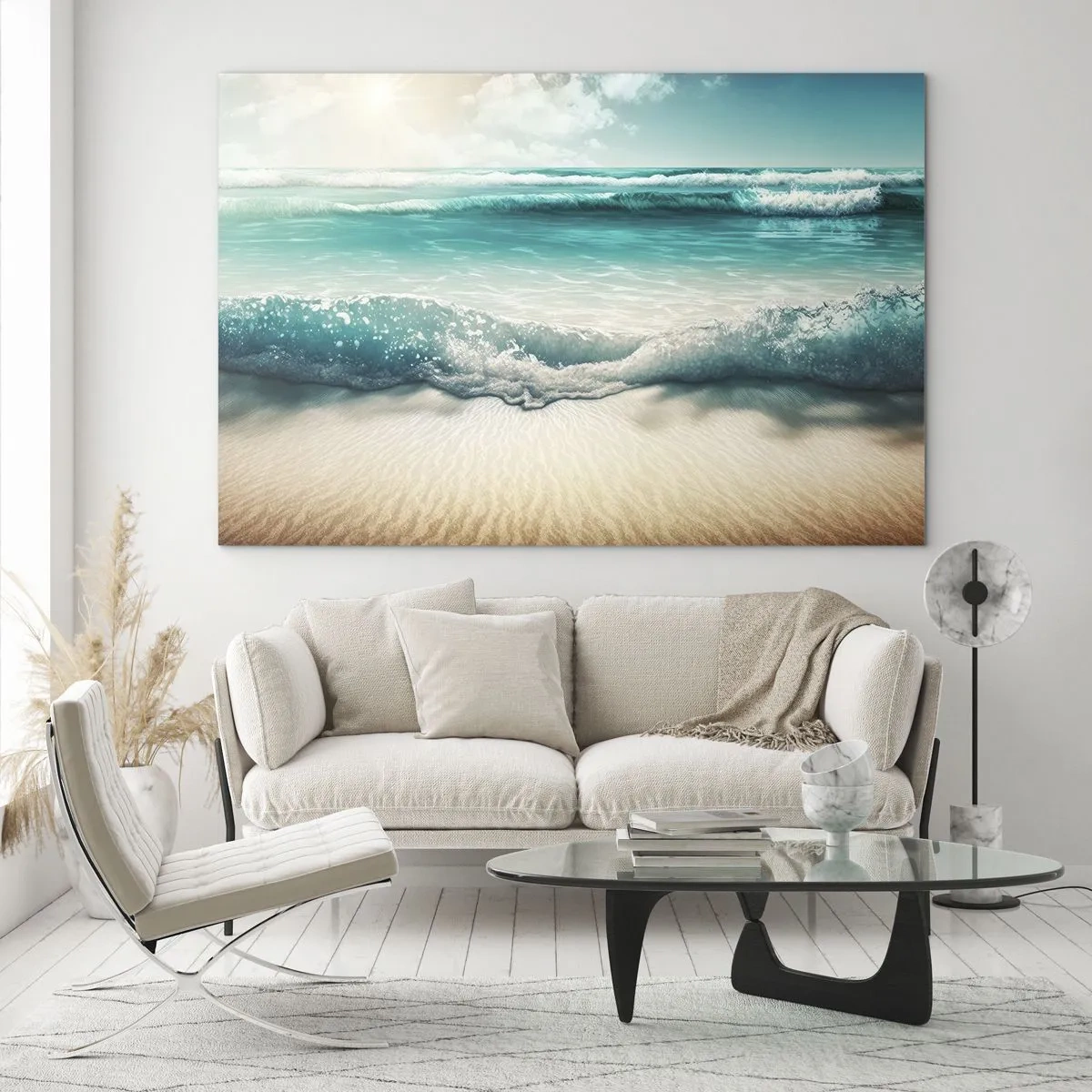 Tablou pe sticlă - Valurile oceanului turcoaz se lovesc de o plajă nisipoasă - 70x50cm - Calmul oceanului - Decorațiune modernă pentru perete pentru living și dormitor ARTTOR