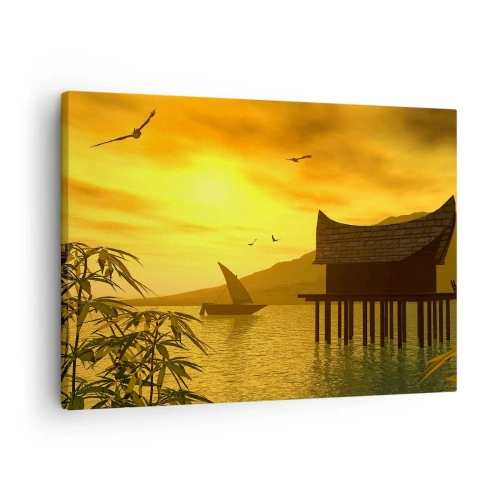 Tablou pe pânză Canvas - Apus de soare tropical peste apă cu o casă din lemn pe piloni. - 70x50cm - Pacea dorită - Decorațiune modernă pentru perete pentru living și dormitor ARTTOR