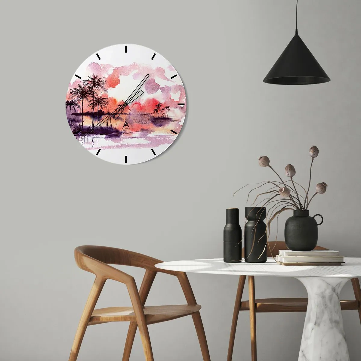 Ceas de perete - Ceas pe sticlă - Peisaj în acuarelă cu palmieri la apus - 30x30cm - Liniștea tropicelor în roșu - Decorațiune modernă pentru perete pentru living, bucătărie și dormitor ARTTOR