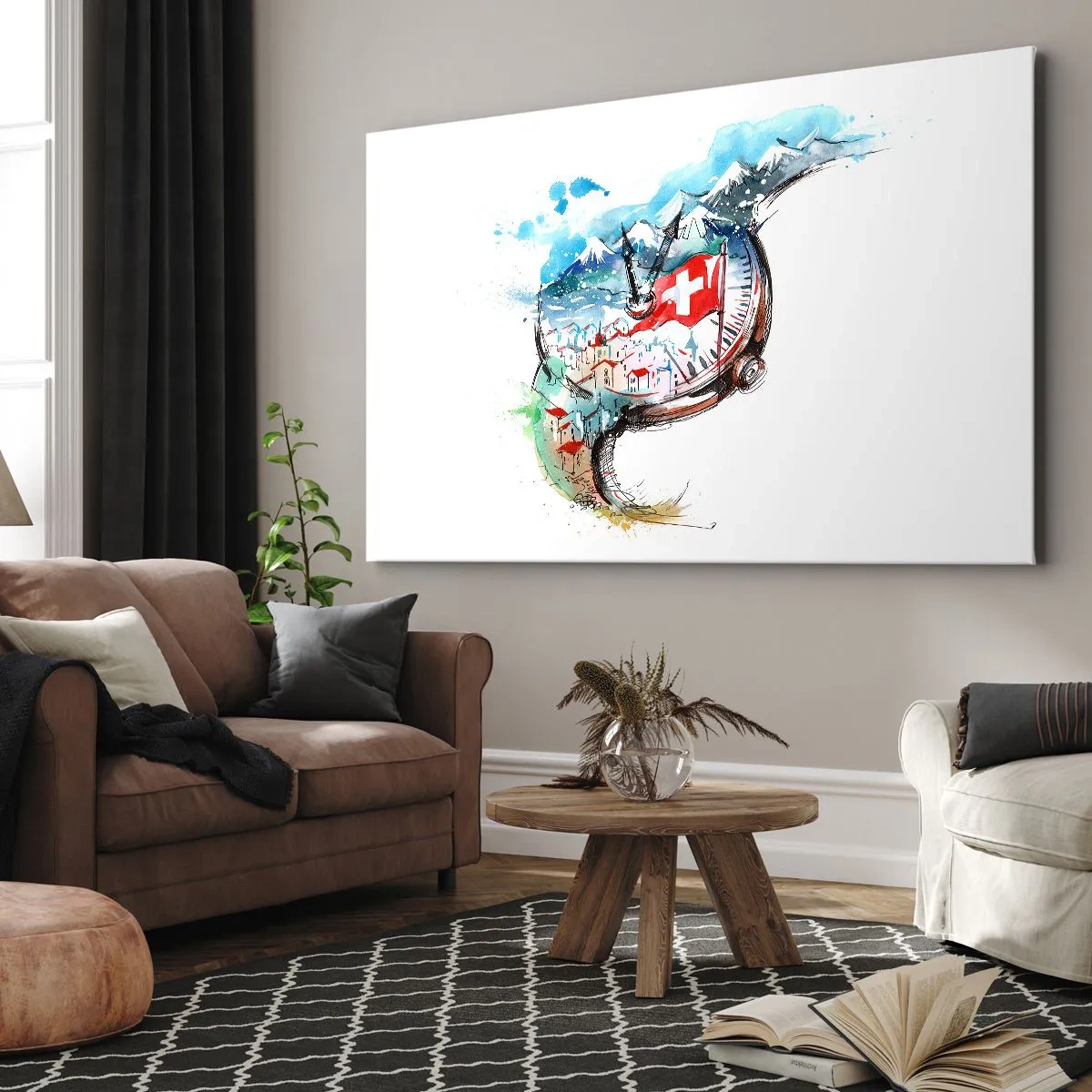 Tablou pe pânză Canvas - Un peisaj în acuarelă al Elveției într-un design mecanic - 70x50cm - Spiritul Elveției - Decorațiune modernă pentru perete pentru living și dormitor ARTTOR