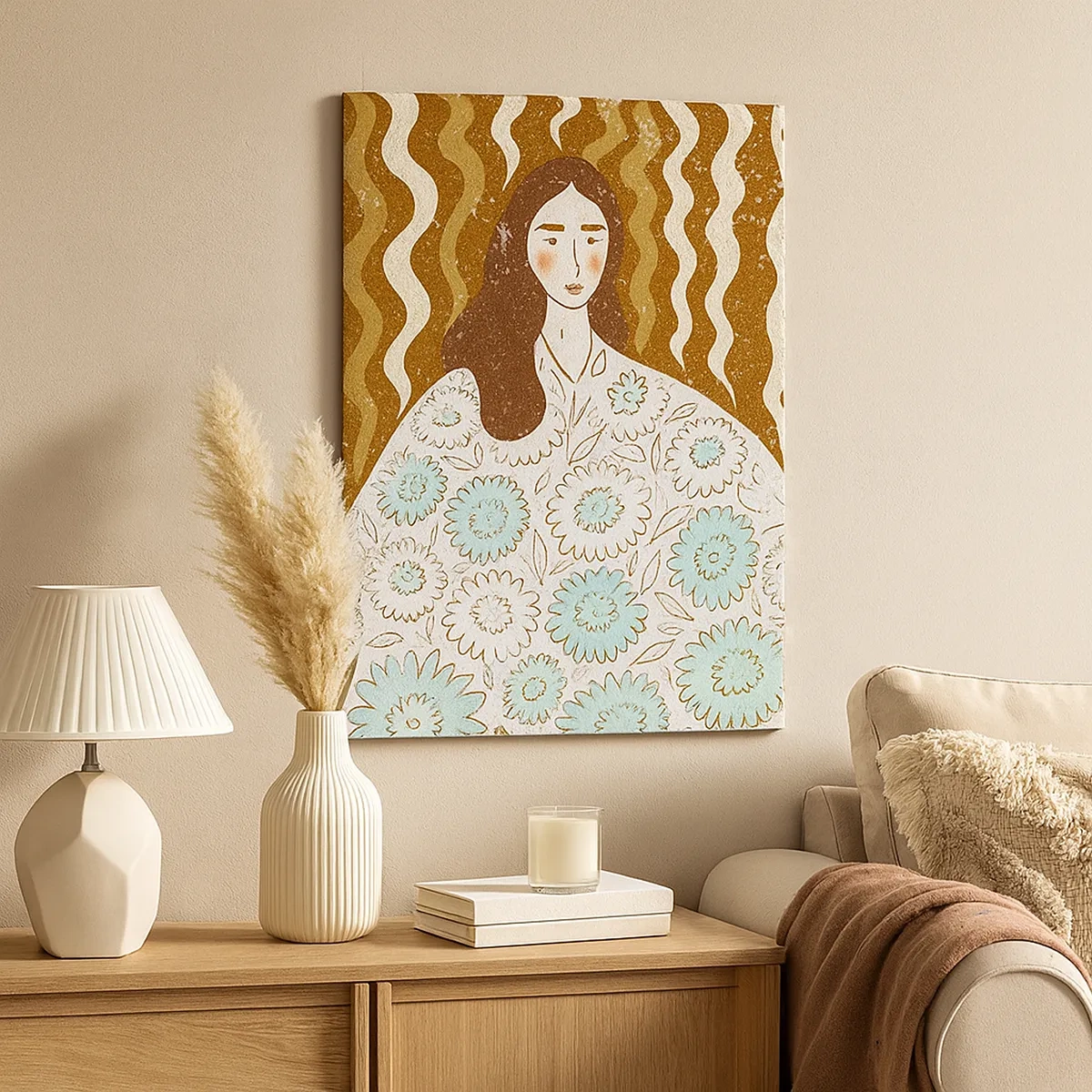 Tablou pe pânză - Portret în rochie înflorată - 50x70 cm