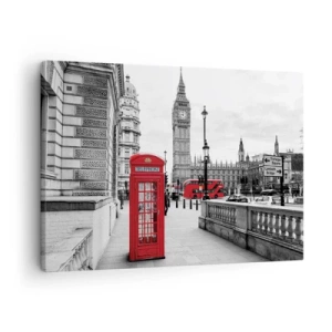 Tablou pe pânză Canvas - O cabină telefonică roșie cu Big Ben în fundal în Londra - 70x50cm - Fără îndoială, Londra - Decorațiune modernă pentru perete pentru living și dormitor ARTTOR