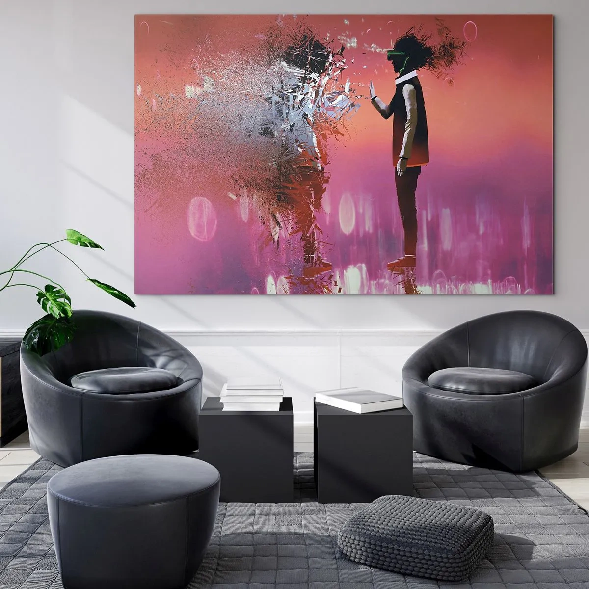 Tablou pe sticlă - Un personaj în realitatea virtuală cu o umbră împrăștiată - 70x50cm - Este posibil să privești în interiorul tău? - Decorațiune modernă pentru perete pentru living și dormitor ARTTOR