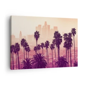 Tablou pe pânză Canvas - Palmieri pe fundalul unui peisaj urban în culori calde - 70x50cm - Peisaj din California - Decorațiune modernă pentru perete pentru living și dormitor ARTTOR