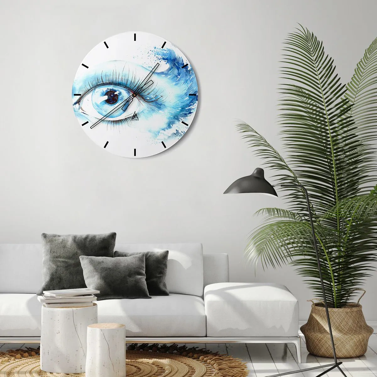 Ceas de perete - Ceas pe sticlă - Ochi artistic în nuanțe de albastru - 30x30cm - Scufundă-te în albastrul privirii - Decorațiune modernă pentru perete pentru living, bucătărie și dormitor ARTTOR