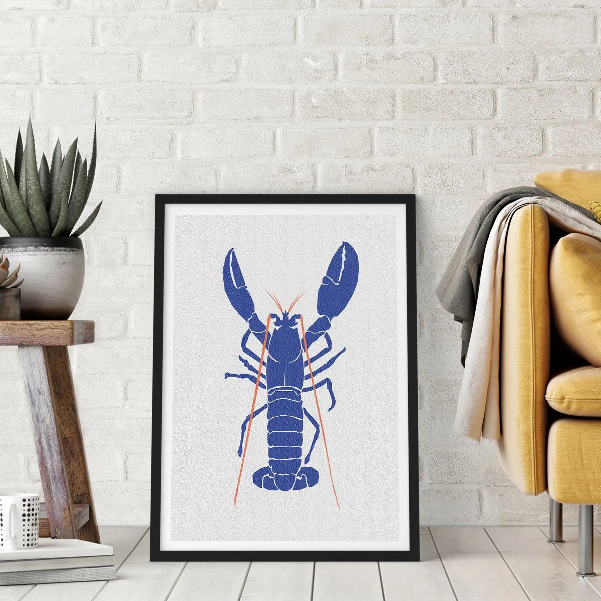 Poster în ramă neagră - Grafică cu homar în contrast puternic, într-un stil minimalist - 50x70cm - Homar rafinat albastru închis - Decorațiune modernă pentru perete pentru living și dormitor ARTTOR