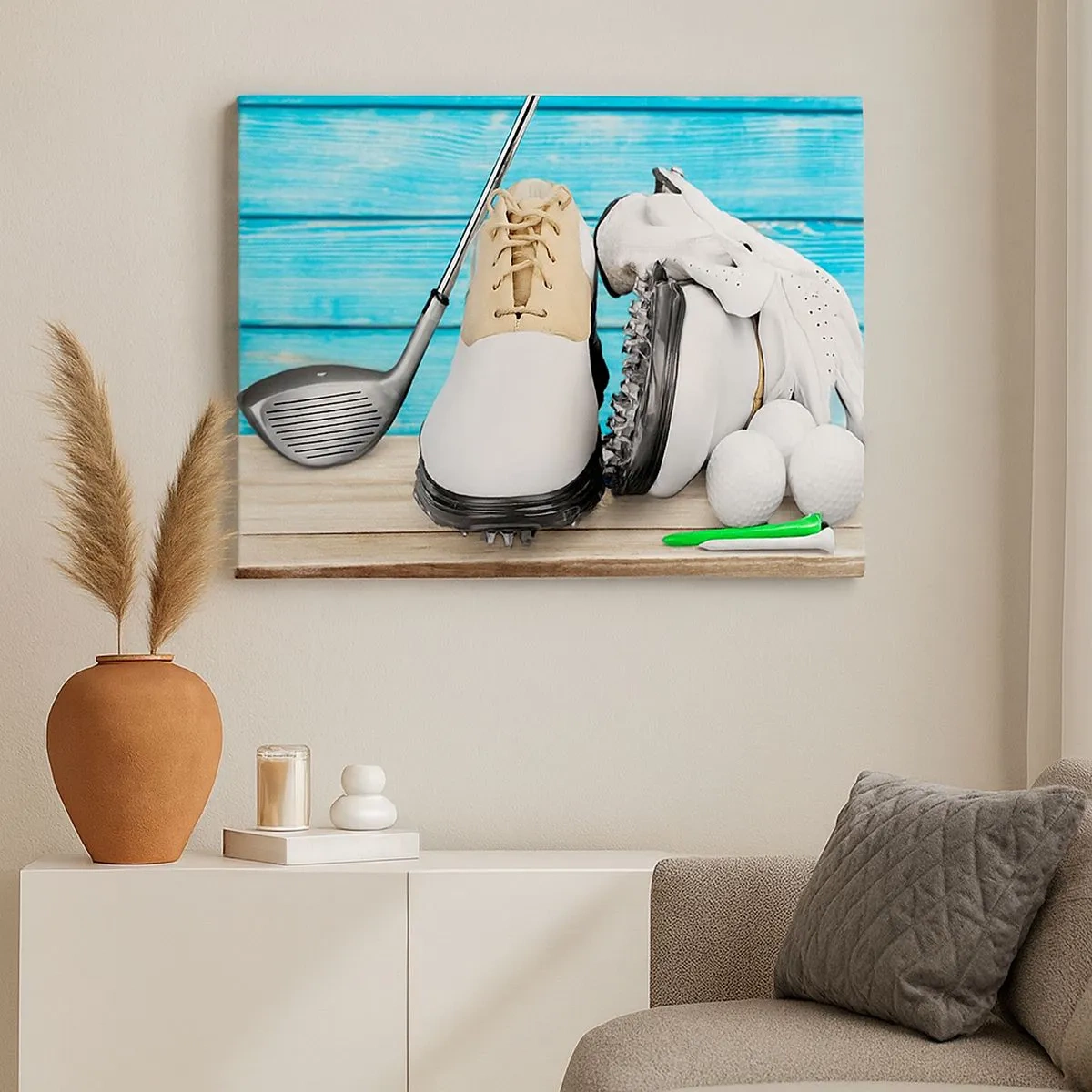 Tablou pe pânză Canvas - Un set de accesorii de golf pe un fundal de lemn - 70x50cm - Totul este gata - Decorațiune modernă pentru perete pentru living și dormitor ARTTOR
