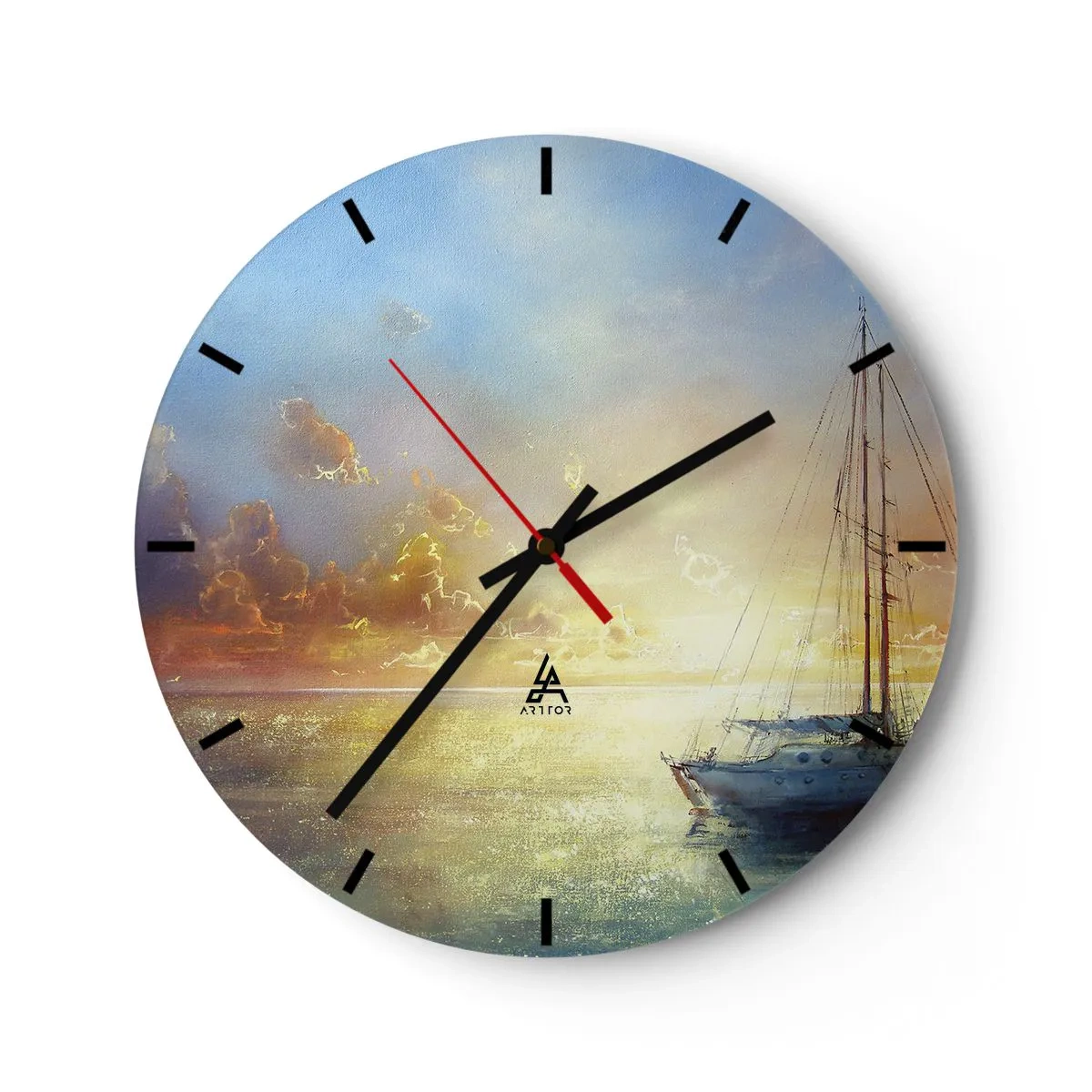 Ceas de perete - Ceas pe sticlă - O barcă cu pânze pe mare la apusul soarelui - 30x30cm - Într-un golf de aur - Decorațiune modernă pentru perete pentru living, bucătărie și dormitor ARTTOR