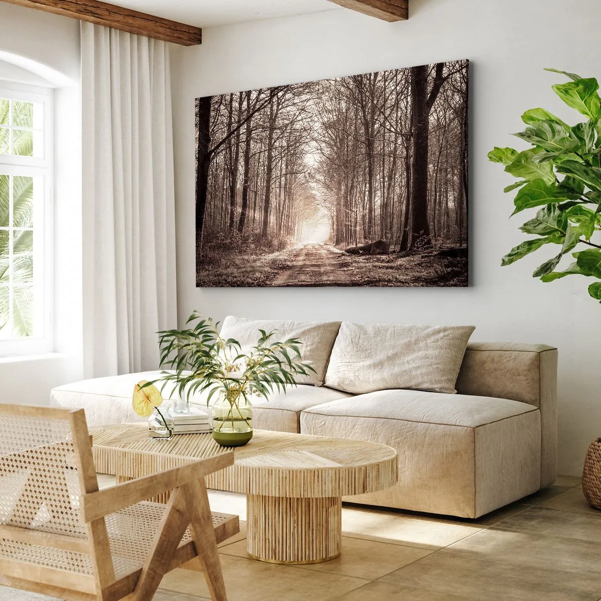 Tablou pe pânză Canvas - O potecă de pădure printre copaci în tonuri sepia - 70x50cm - Catedrala Forestieră - Decorațiune modernă pentru perete pentru living și dormitor ARTTOR