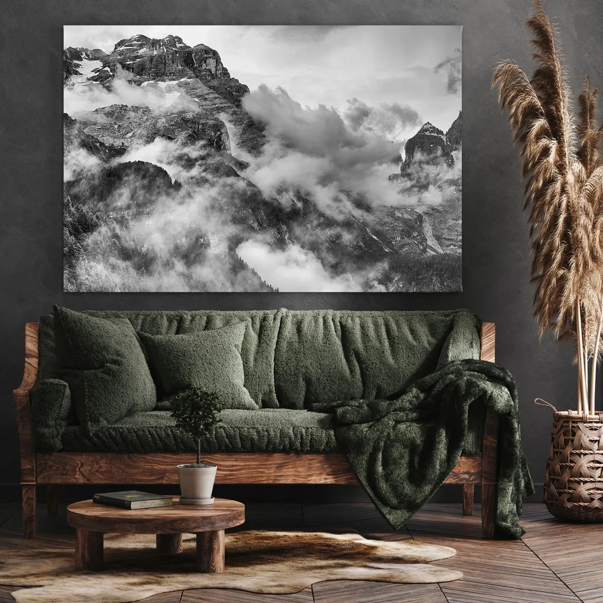Tablou pe pânză Canvas - Vedere alb-negru a munților înconjurați de nori - 70x50cm - Frumoase și crude - Decorațiune modernă pentru perete pentru living și dormitor ARTTOR