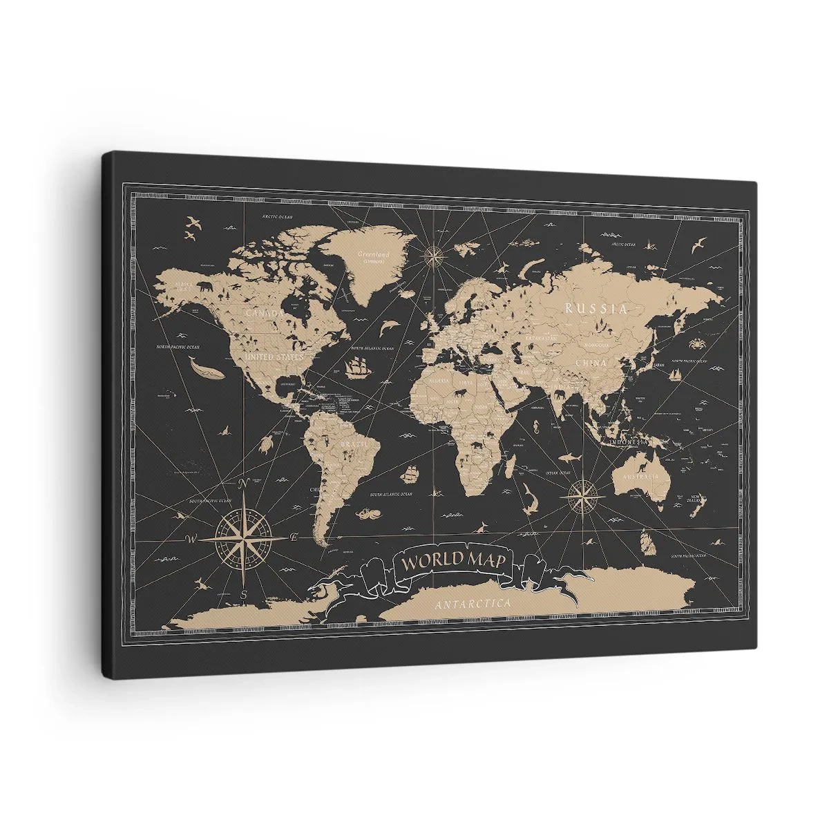 Tablou pe pânză Canvas - O hartă a lumii stilizată pe fundal negru cu accente bej. - 70x50cm - Limitele lumii mele - Decorațiune modernă pentru perete pentru living și dormitor ARTTOR