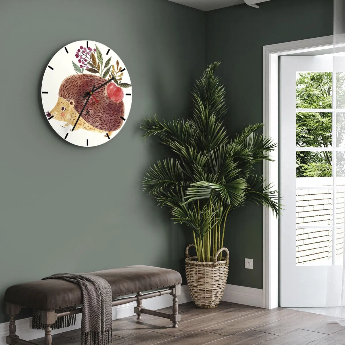Ceas de perete - Ceas pe sticlă - Arici cu un măr și crenguțe pe un fundal deschis - 30x30cm - Și tu deja mă placi - Decorațiune modernă pentru perete pentru living, bucătărie și dormitor ARTTOR