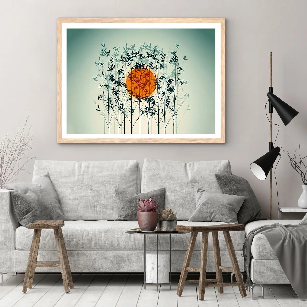 Poster în ramă de stejar deschis - Soarele japonez - 100x70 cm