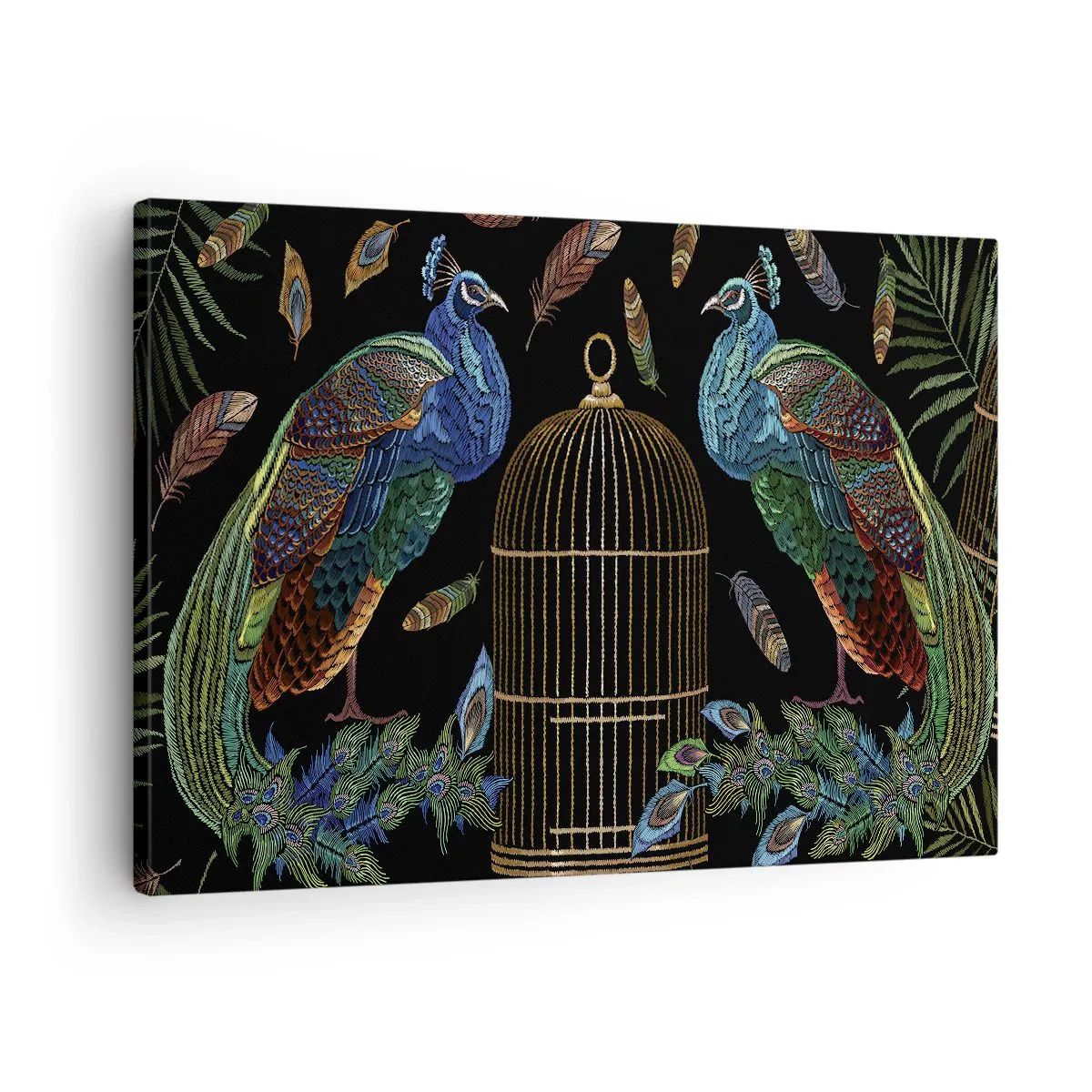 Tablou pe pânză Canvas - Păuni lângă o cușcă aurie pe fundal negru - 70x50cm - În veșmânt regal - Decorațiune modernă pentru perete pentru living și dormitor ARTTOR