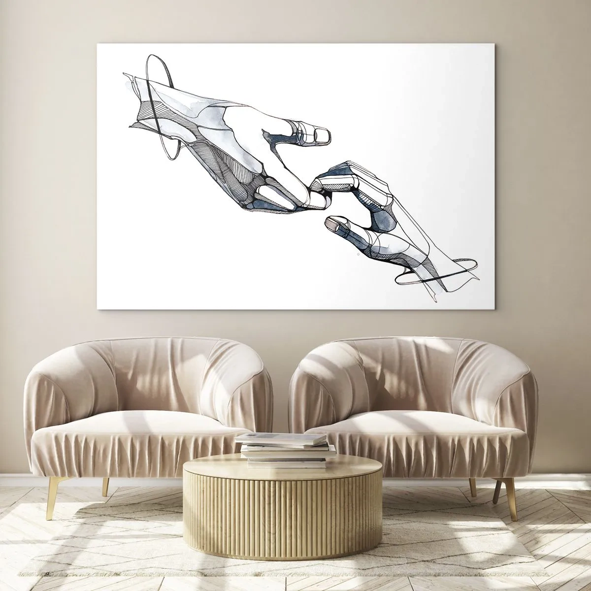 Tablou pe sticlă - Ilustrație artistică a două mâini într-un stil abstract - 70x50cm - Gest frumos - Decorațiune modernă pentru perete pentru living și dormitor ARTTOR