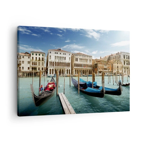Tablou pe pânză Canvas - Veneția cu gondole și palate pe fundalul cerului - 70x50cm - Palate în albastru - Decorațiune modernă pentru perete pentru living și dormitor ARTTOR
