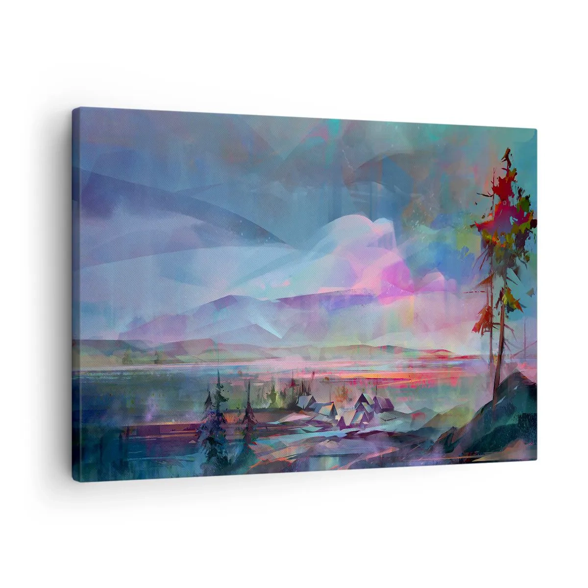 Tablou pe pânză Canvas - Peisaj montan cu un cer colorat și un sat - 70x50cm - Sub un cer binevoitor - Decorațiune modernă pentru perete pentru living și dormitor ARTTOR