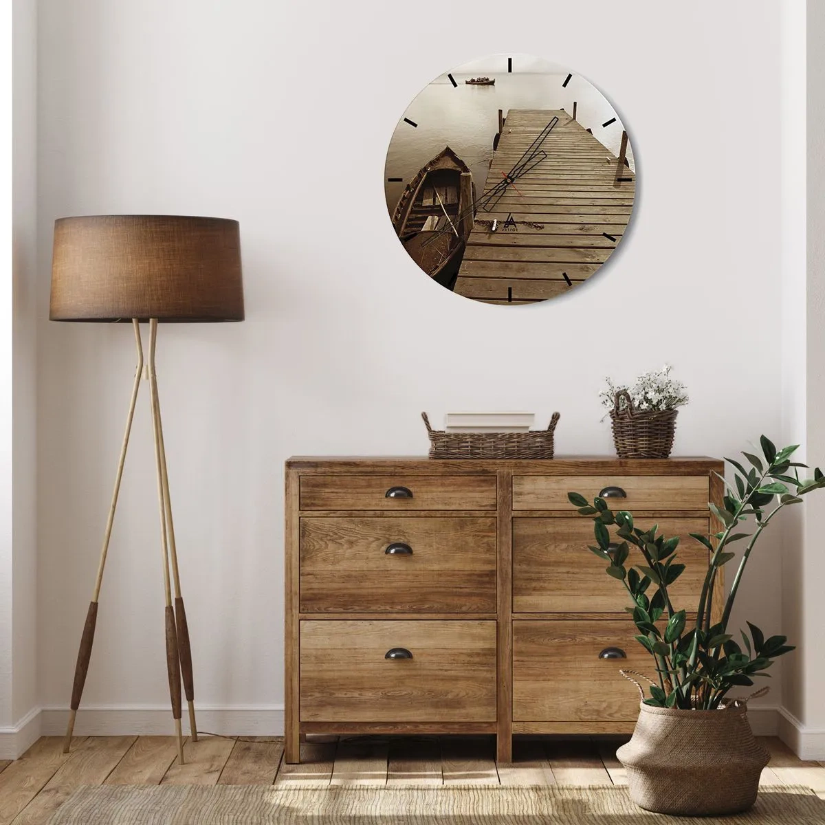 Ceas de perete - Ceas pe sticlă - O barcă la un debarcader de lemn în sepia - 30x30cm - Marea pace - Decorațiune modernă pentru perete pentru living, bucătărie și dormitor ARTTOR