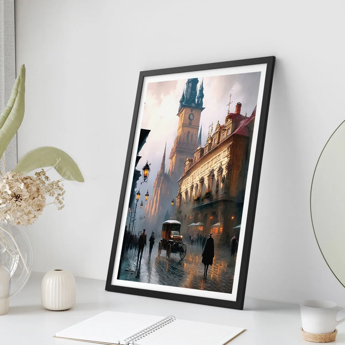 Poster în ramă neagră - Oraș istoric la amurg cu un vehicul istoric - 50x70cm - Magia unei seri la Praga - Decorațiune modernă pentru perete pentru living și dormitor ARTTOR