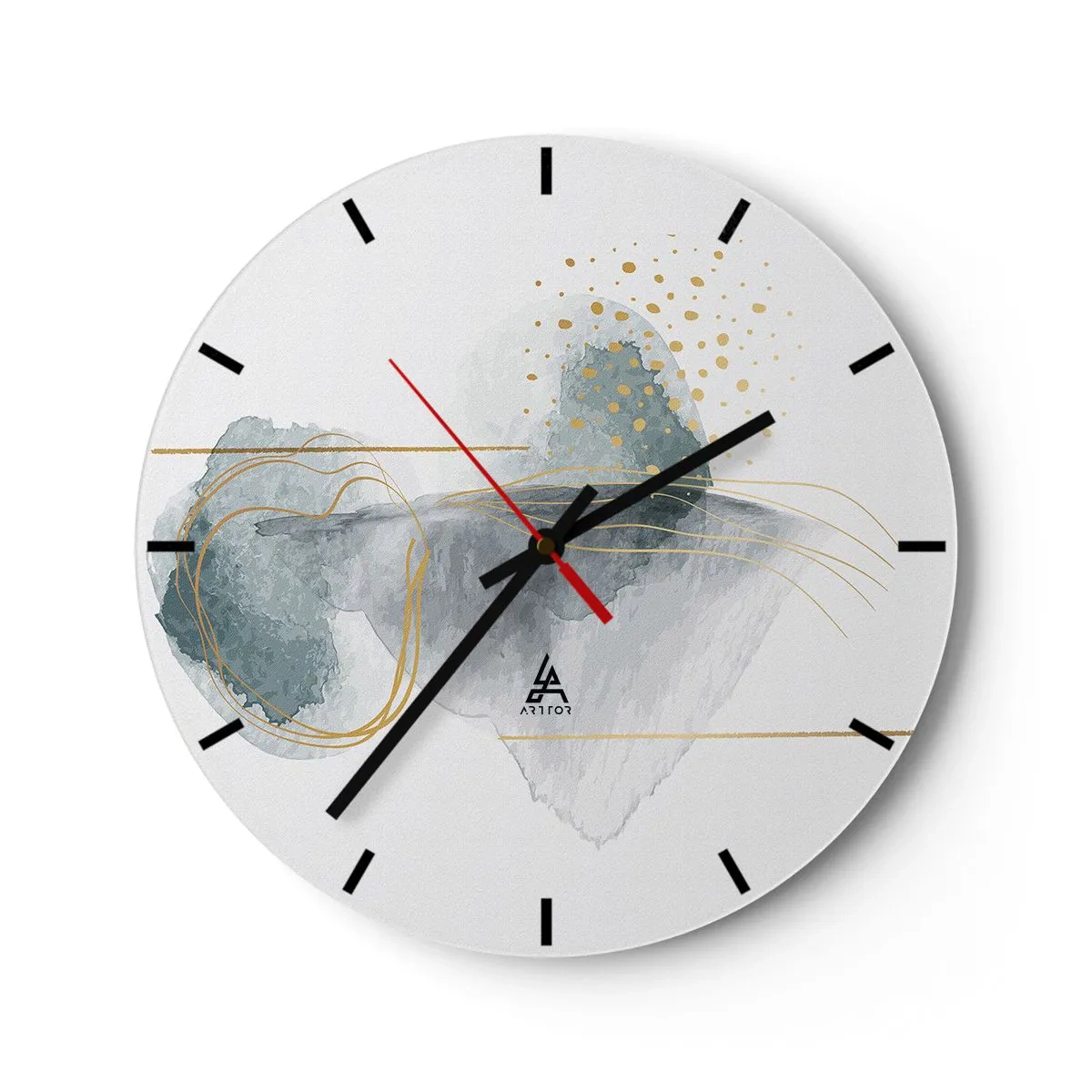 Ceas de perete - Ceas pe sticlă - Forme abstracte pastelate cu linii și puncte aurii pe fundal alb. - 30x30cm - Despre relația dintre gri și auriu - Decorațiune modernă pentru perete pentru living, bucătărie și dormitor ARTTOR