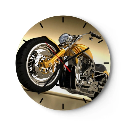 Ceas de perete - Ceas pe sticlă - O motocicletă elegantă în nuanțe de auriu și crom - 30x30cm - Un vis de forță și viteză - Decorațiune modernă pentru perete pentru living, bucătărie și dormitor ARTTOR