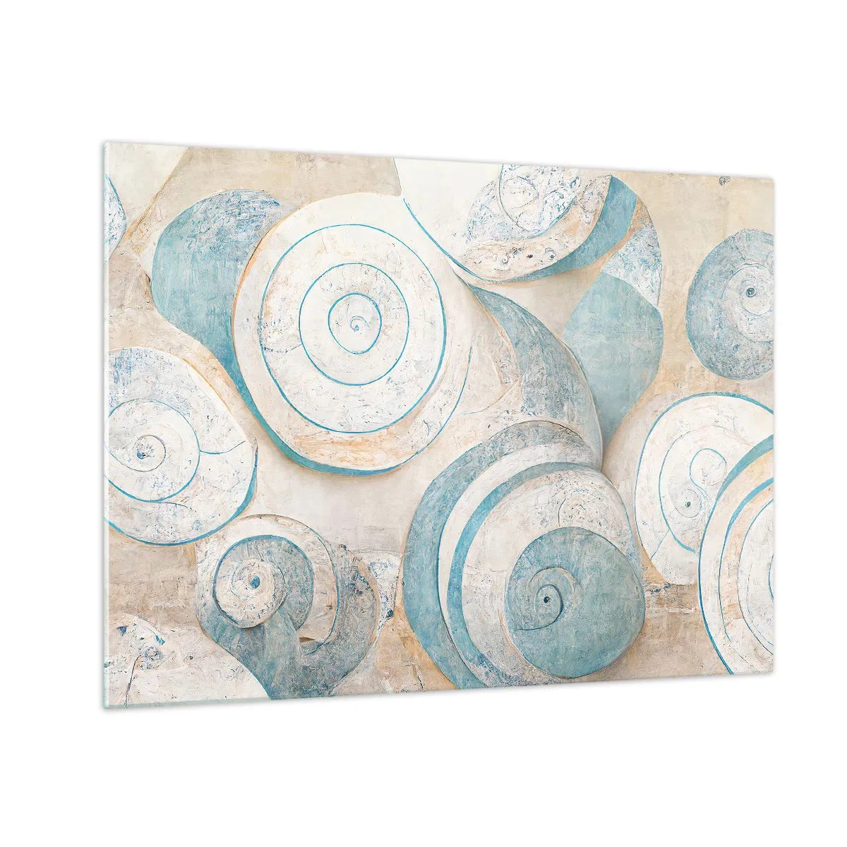Tablou pe sticlă - Scoici într-o paletă albastră și bej pe un fundal structurat - 70x50cm - Ce ascunde cochilia? - Decorațiune modernă pentru perete pentru living și dormitor ARTTOR