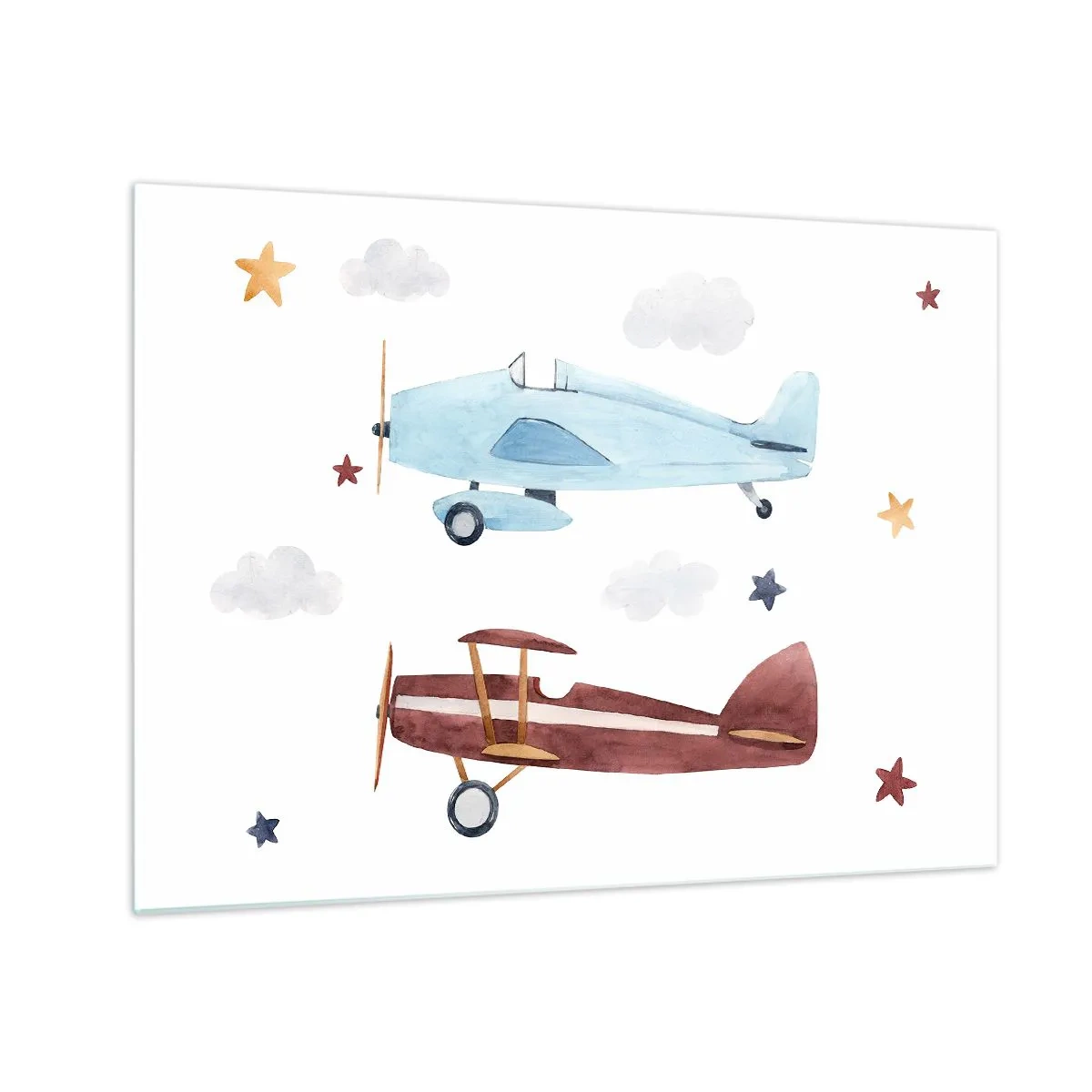 Tablou pe sticlă - Două avioane colorate printre stele și nori - 70x50cm - Domnule Pilot, vă așteptăm! - Decorațiune modernă pentru perete pentru living și dormitor ARTTOR