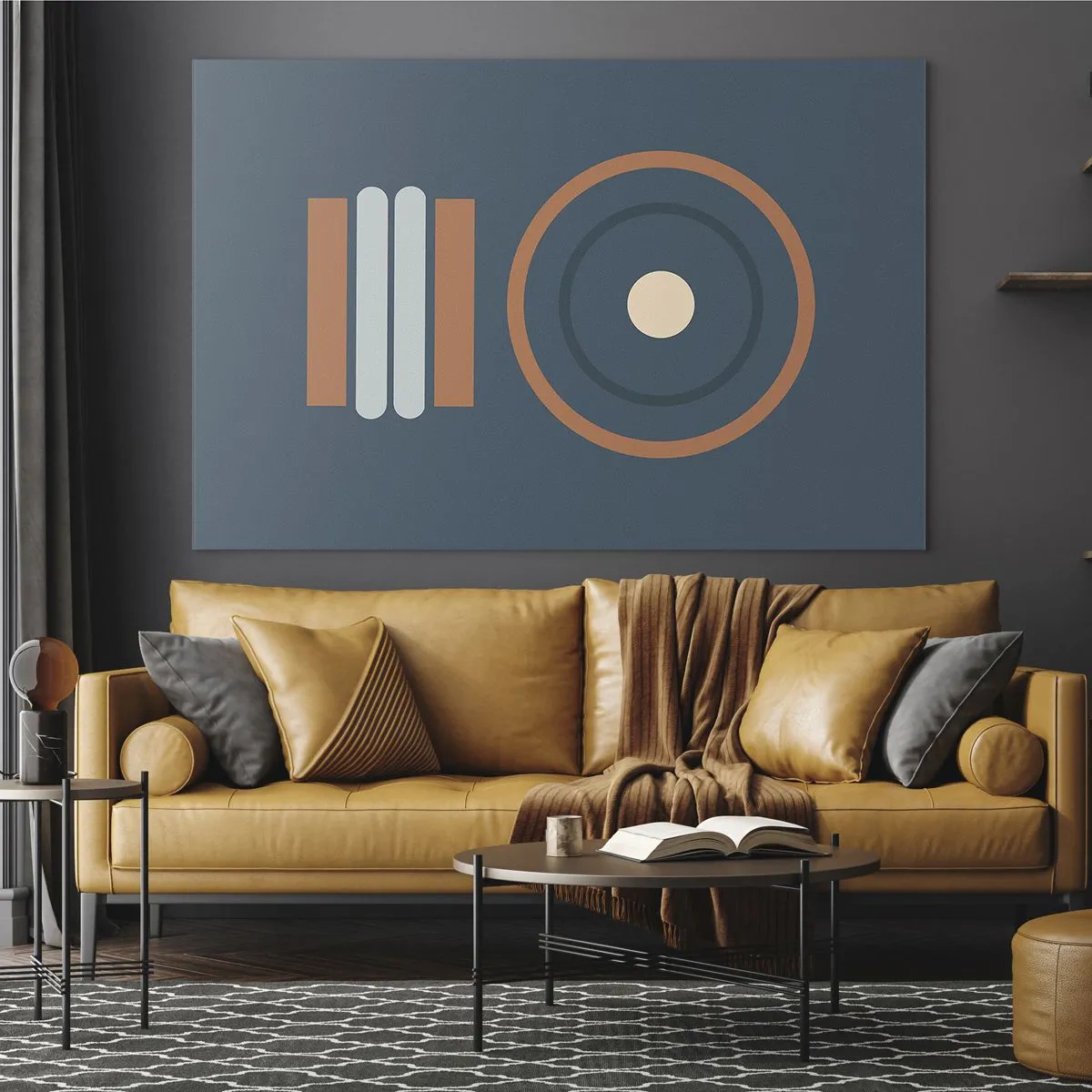 Tablou pe sticlă - Forme geometrice abstracte în culori estompate, cu cercuri și linii - 70x50cm - Esența problemei - Decorațiune modernă pentru perete pentru living și dormitor ARTTOR