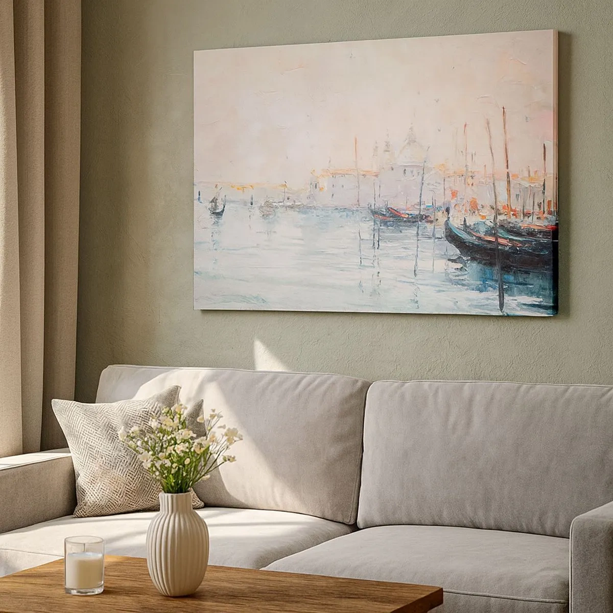 Tablou pe pânză Canvas - Vedere pitorească a canalelor cu bărci în culori pastelate - 70x50cm - În spatele apei, în spatele ceții - Decorațiune modernă pentru perete pentru living și dormitor ARTTOR