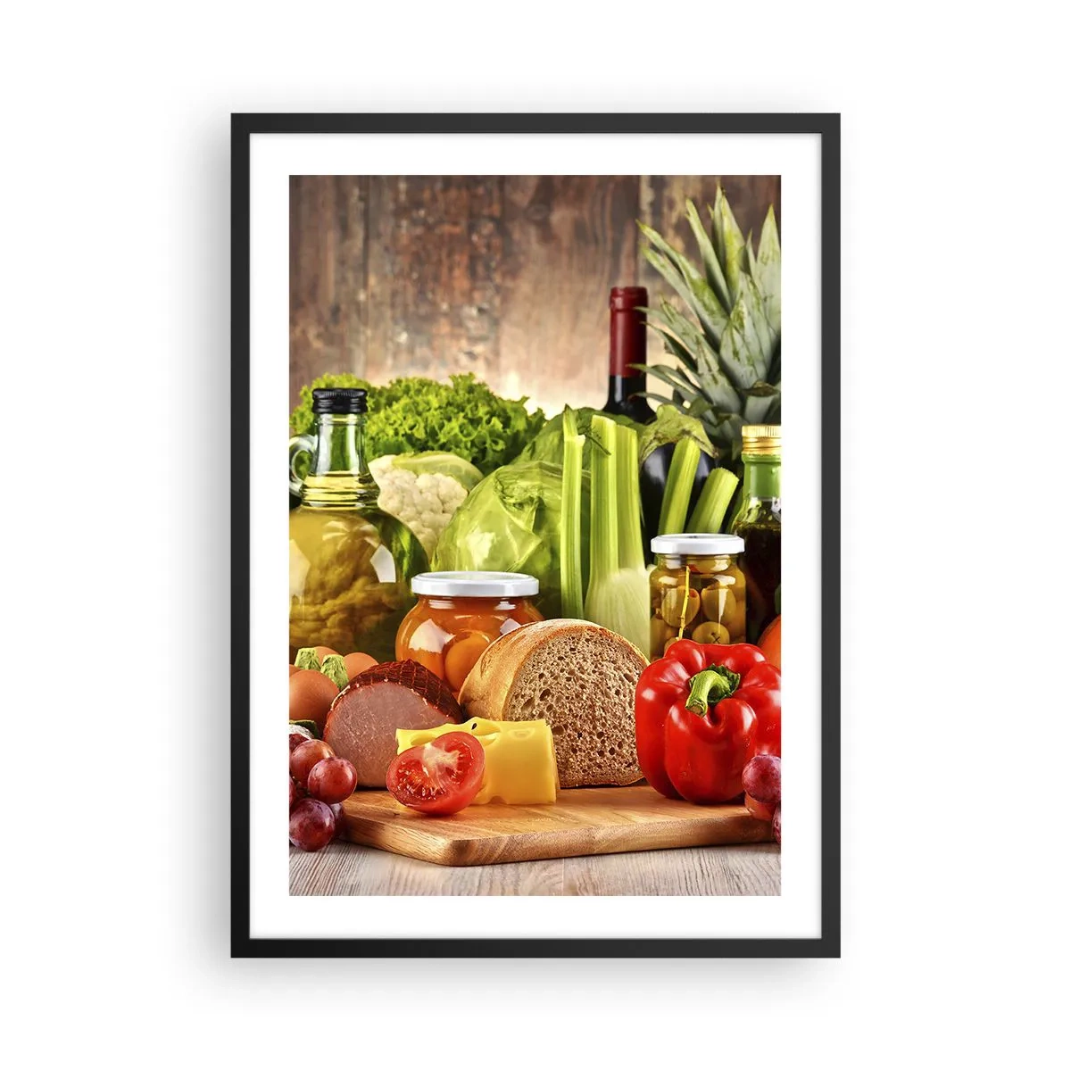 Poster în ramă neagră - Legume și produse alimentare colorate pe un fundal de lemn - 50x70cm - Afumate, prăjite, marinate - Decorațiune modernă pentru perete pentru living și dormitor ARTTOR