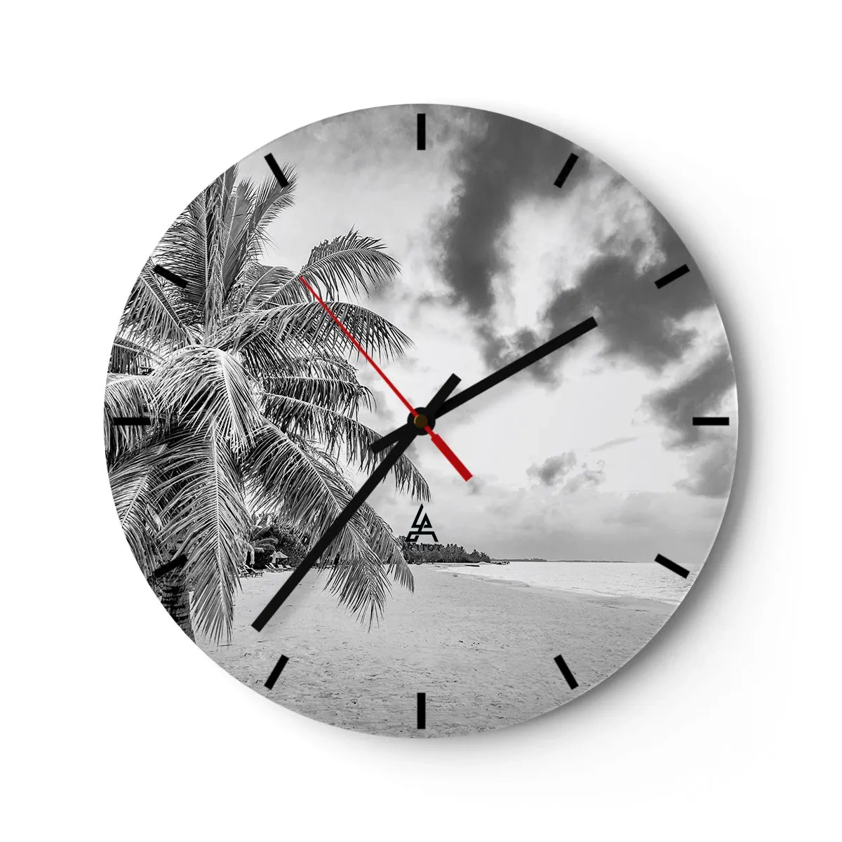 Ceas de perete - Ceas pe sticlă - Plajă cu palmieri în alb și negru - 30x30cm - Când tânjești după singurătate... - Decorațiune modernă pentru perete pentru living, bucătărie și dormitor ARTTOR