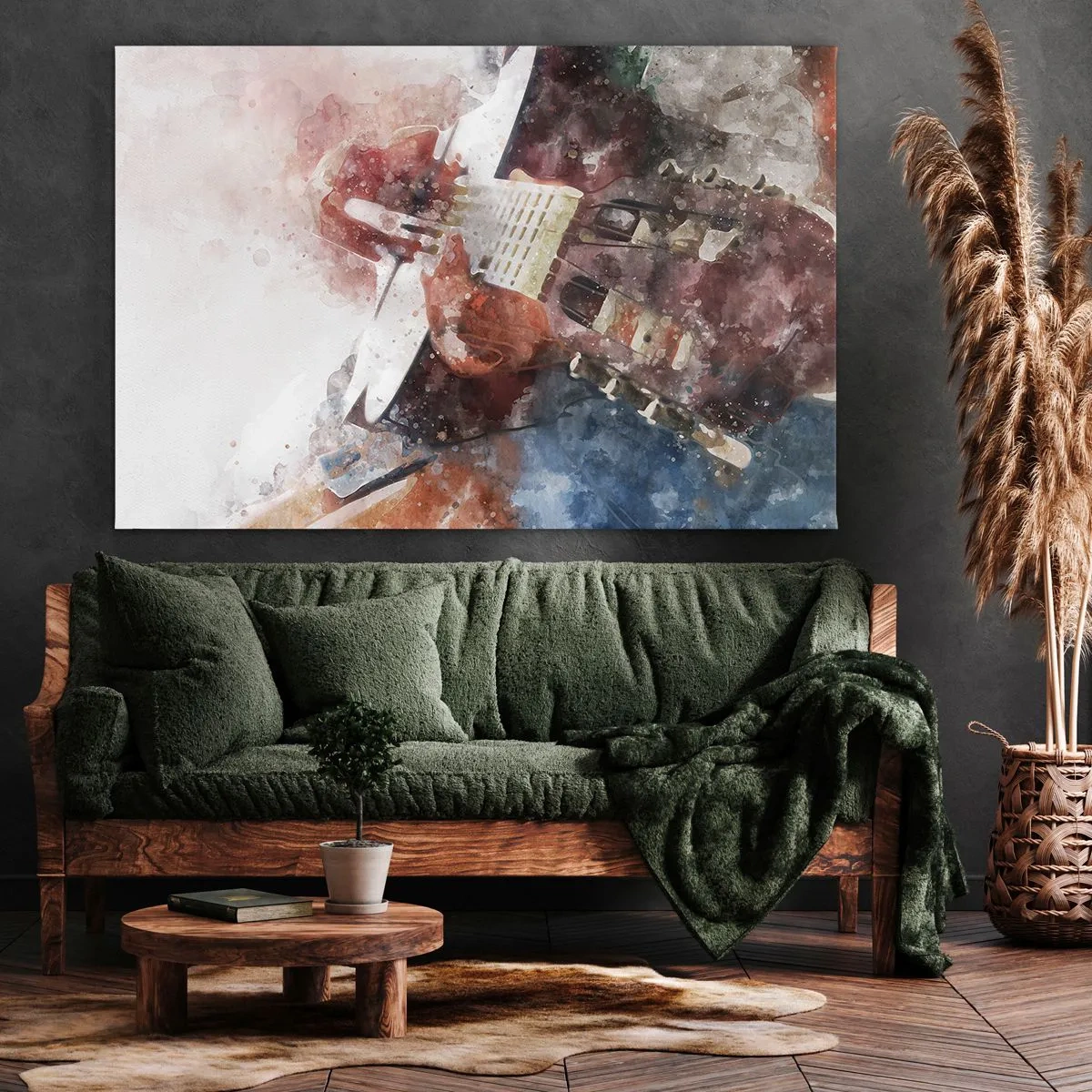 Tablou pe pânză Canvas - O abordare artistică a unei chitare în stil acuarelă - 70x50cm - Și ce părere ai? - Decorațiune modernă pentru perete pentru living și dormitor ARTTOR