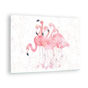 Tablou pe sticlă - Flamingo în acuarelă pe un fundal deschis cu pete delicate - 70x50cm - Ansamblul roz - Decorațiune modernă pentru perete pentru living și dormitor ARTTOR