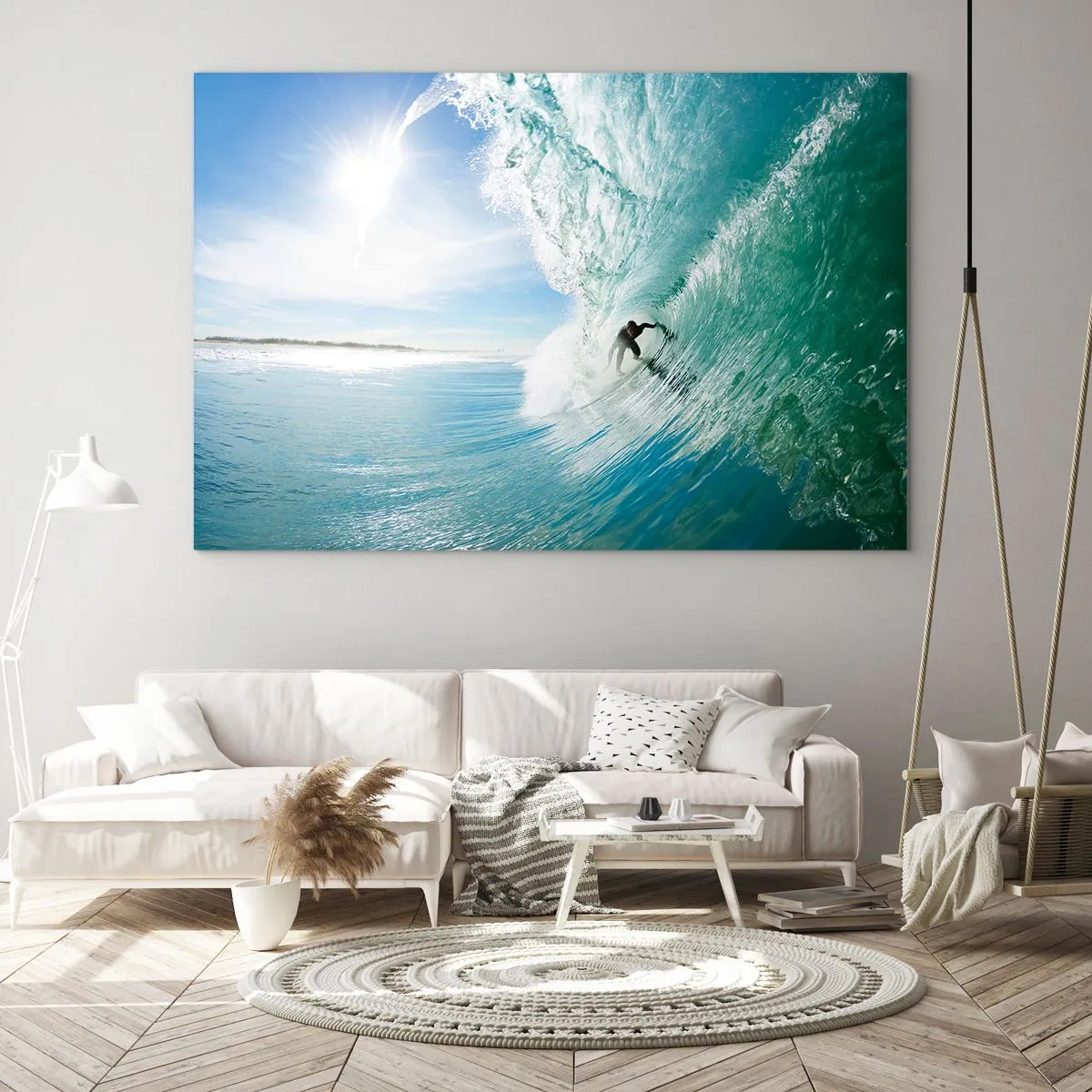 Tablou pe sticlă - Un surfer călărind un val pe un cer albastru - 70x50cm - Întotdeauna pe val - Decorațiune modernă pentru perete pentru living și dormitor ARTTOR