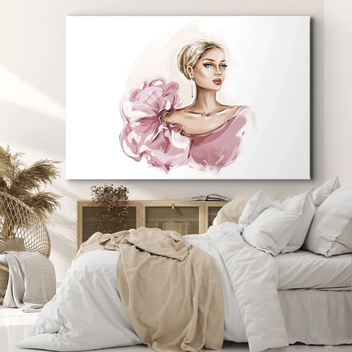 Tablou pe pânză Canvas - Portretul unei femei într-o rochie roz pe un fundal deschis - 70x50cm - Așa cum a fost pictată... - Decorațiune modernă pentru perete pentru living și dormitor ARTTOR