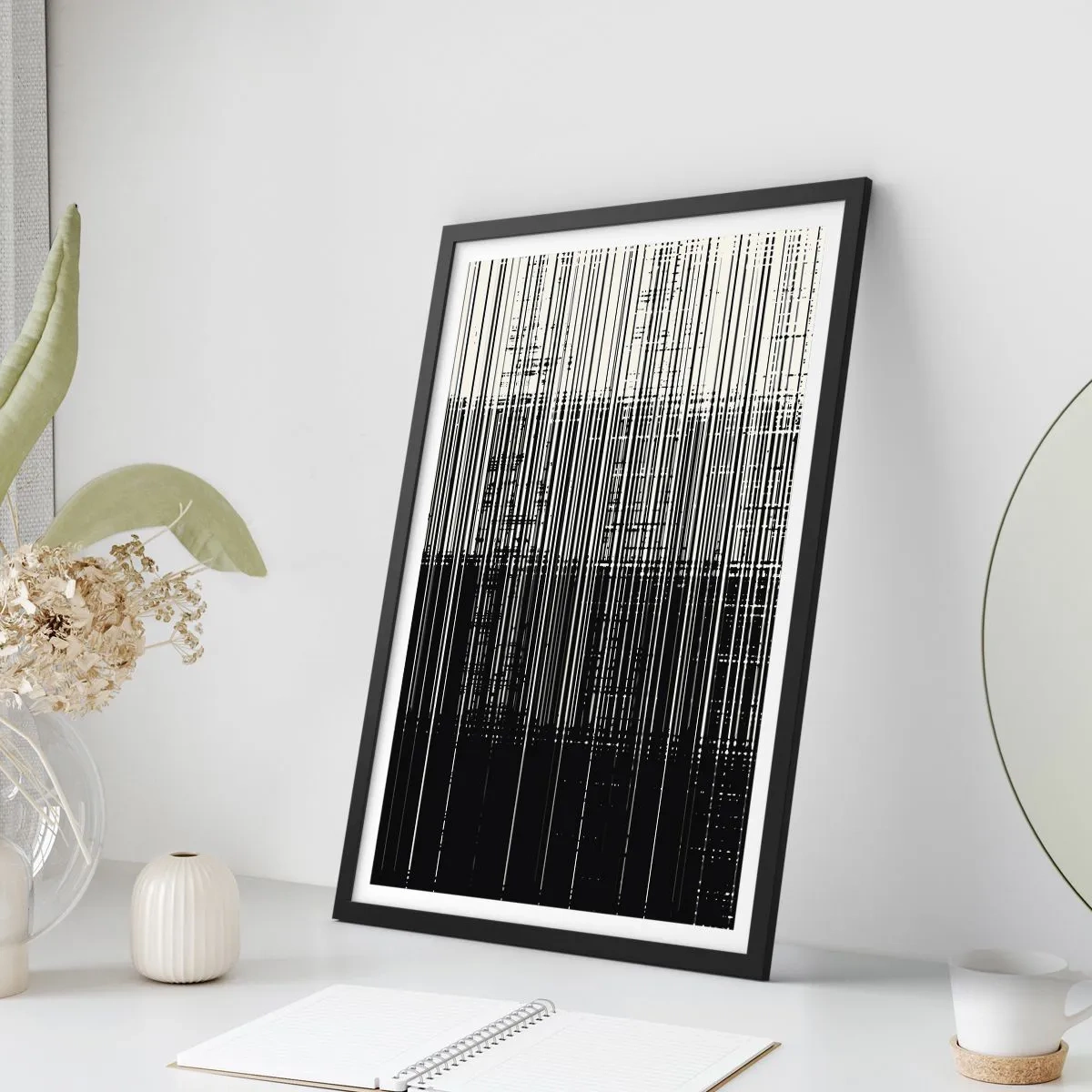 Poster în ramă neagră - Compoziție abstractă de linii negre pe fundal alb - 50x70cm - Valuri și vibrații - Decorațiune modernă pentru perete pentru living și dormitor ARTTOR