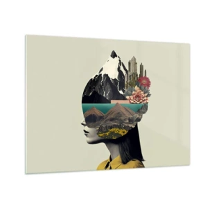 Tablou pe sticlă - Silueta unei femei cu un peisaj montan și floră în cap - 70x50cm - Femeia - întotdeauna un mister - Decorațiune modernă pentru perete pentru living și dormitor ARTTOR