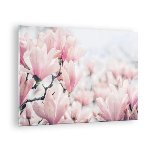 Tablou pe sticlă - Magnolii roz delicate pe un fundal deschis - 70x50cm - Idealul de subtilitate - Decorațiune modernă pentru perete pentru living și dormitor ARTTOR