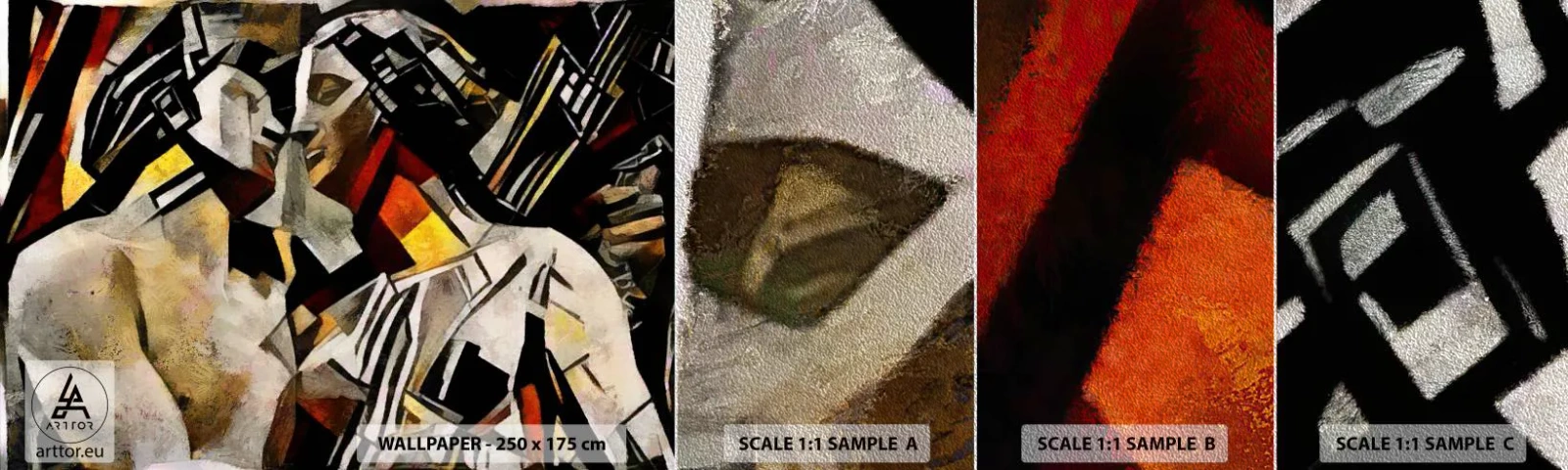 Mostră tapet Premium Sand - Sărut statuar - Cuplu îndrăgostit, Cubism, Pup - 100x30 cm