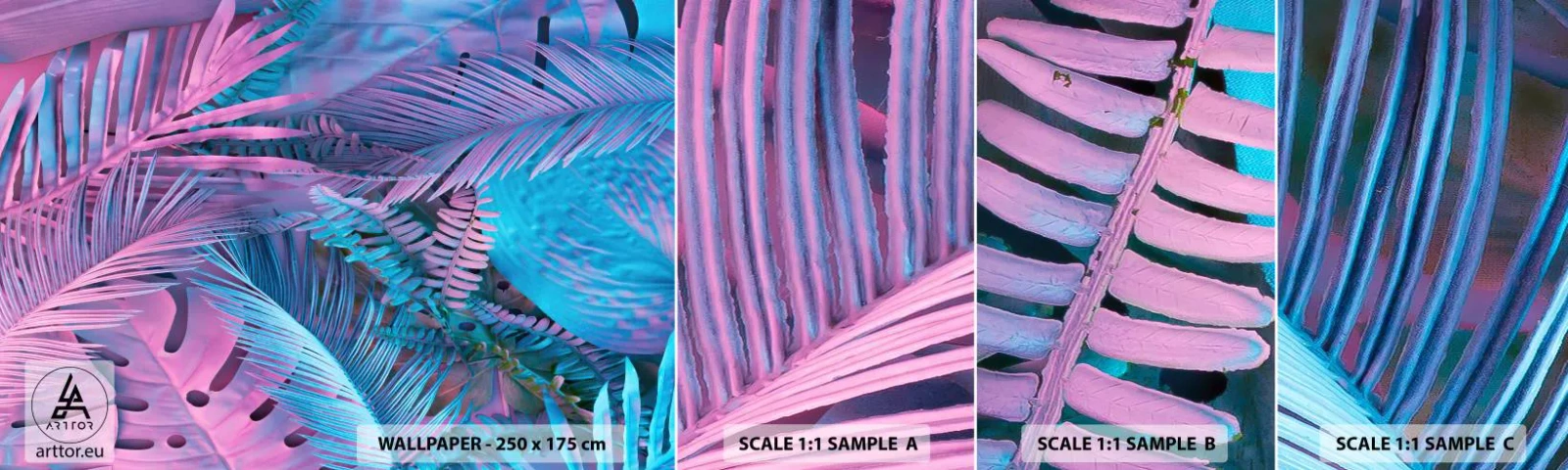 Mostră tapet autocolant Deluxe Sticker - Palmieri în alb și albastru - Abstracția, Frunze, Planta tropicala - 100x30 cm