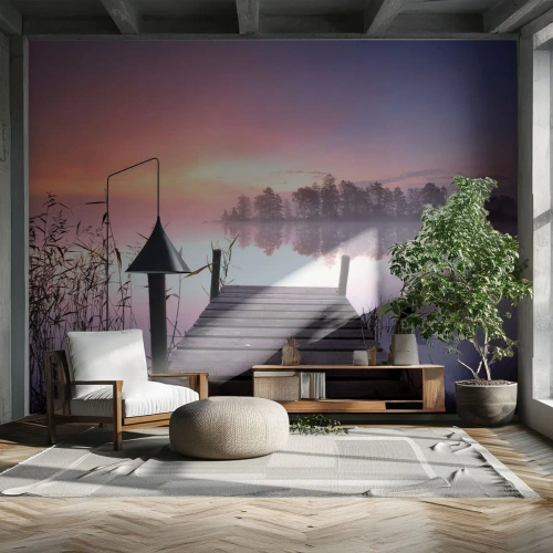 Tapet Premium Canvas - Din ceața de liliac... - Peisaj, răsărit, Lac - 500x350 cm