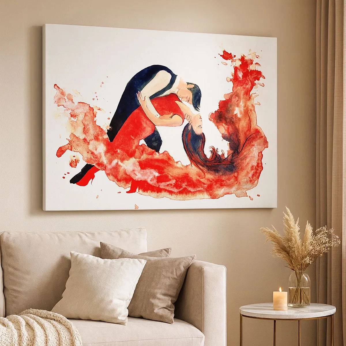 Tablou pe pânză Canvas - O pictură dinamică în acuarelă reprezentând un cuplu dansator în culori roșii. - 70x50cm - Tango - un val senzual - Decorațiune modernă pentru perete pentru living și dormitor ARTTOR