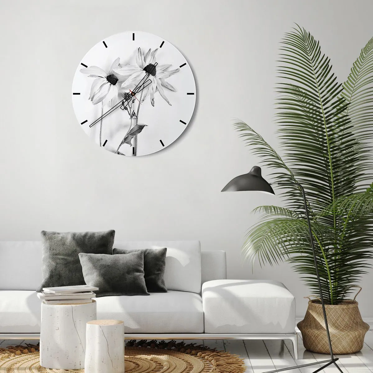 Ceas de perete - Ceas pe sticlă - Trei flori albe și negre cu petale ușor căzute - 30x30cm - Nimeni nu vrea să fie singur - Decorațiune modernă pentru perete pentru living, bucătărie și dormitor ARTTOR