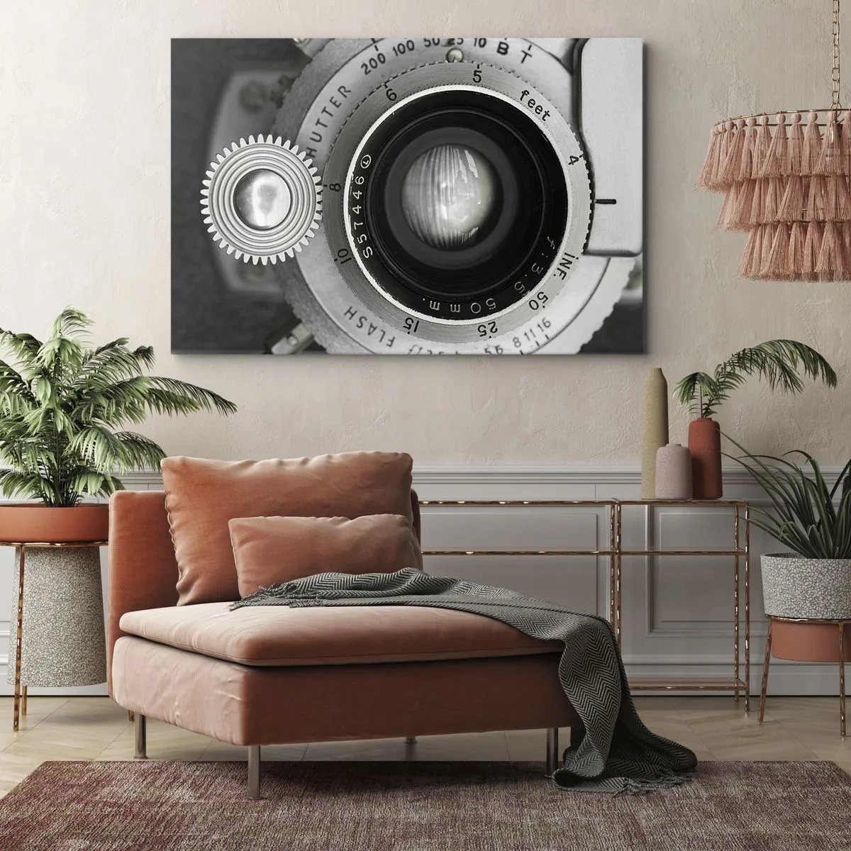 Tablou pe pânză Canvas - Obiectivul unui aparat foto vechi - 70x50cm - Povestea de la Hollywood - Decorațiune modernă pentru perete pentru living și dormitor ARTTOR