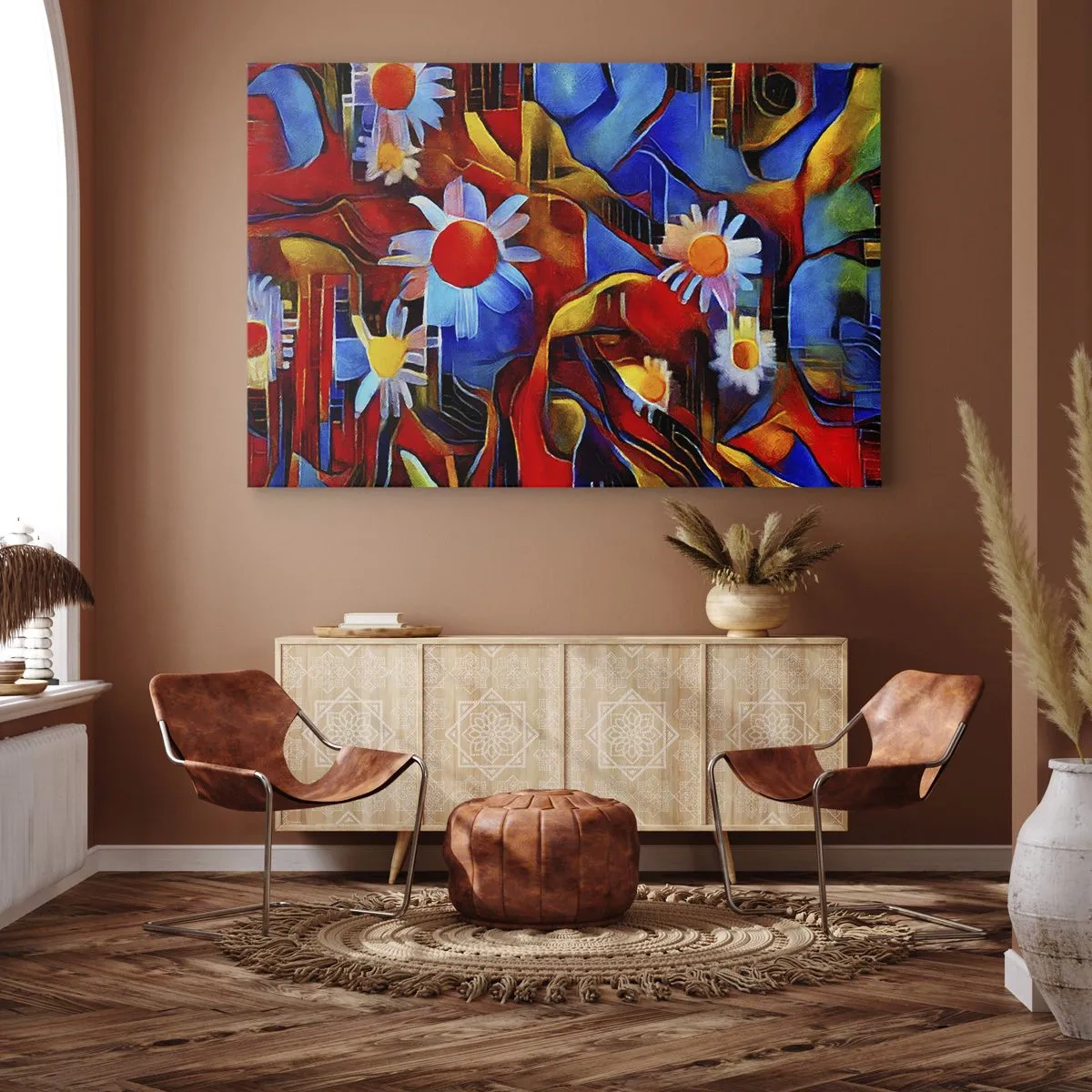 Tablou pe pânză Canvas - Flori abstracte pe un fundal de modele geometrice - 70x50cm - Culorile vieții - Decorațiune modernă pentru perete pentru living și dormitor ARTTOR